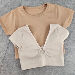 x2 Aerie OFFLINE Ribbed O-Ring V-Neck Short Sleeve Crop Top Bundle Tan Cream S/P